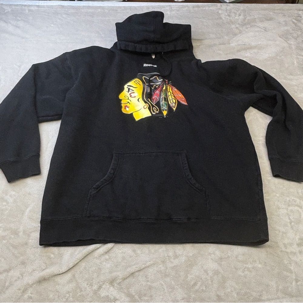 Mens Y2K Reebok Face Off Chicago Blackhawks NHL Pullover Hoodie Size 2XL